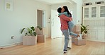 Homeowner, spin and couple with love, real estate and happiness with romance, excited and celebration. Romantic, man or woman with motion, property and apartment with marriage, success or achievement