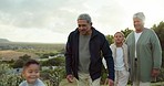 Walk, nature and grandparents bonding with their grandchildren in a garden on a family vacation. Happy, love and senior man and woman in retirement running with boy and girl in park while on holiday.