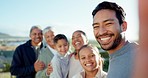 Big family selfie, grandparents and outdoor for vacation, smile or memory for blog, post or social media. Excited men, women and kids for photography, profile picture and happy for holiday in Jakarta