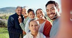 Big family selfie, grandparents and outdoor on holiday, smile or memory on blog, post or social network. Excited men, women and kids for photography, profile picture or happy for countryside vacation