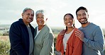 Family, senior parents and couple hug in nature for bonding, quality time and happy outdoors. Smile, love and portrait of elderly mom and dad with daughter or son in law for holiday, care and relax