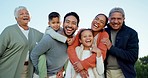 Happy, nature and big family embracing and bonding in an outdoor garden on weekend trip. Happiness, love and portrait of children hugging their grandparents and parents in park on holiday or vacation