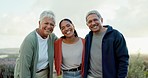 Happy, smile and face of woman with her parents on a family, outdoor or bonding weekend trip. Comedy, funny and portrait of senior couple laughing at a comic joke with adult daughter in nature.