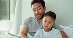 Father, son and bed with book, reading and learning for study, childhood development and care in home. Man, boy kid and bedroom for teaching, literacy skills and bonding with love in family house 