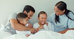 Happy family, children and parents laughing for tickles in bedroom with love, care and quality time to relax together. Mom, dad and kids playing funny game for comedy, silly joke and smile at home