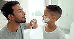 Morning, shave and father with son in bathroom for grooming, beauty and shaving cream. Skincare, love and happy with man and helping child in family home for foam, learning and cleaning together