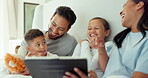 Parents, children and laughing on tablet in bedroom while watching funny movies, online media and family games. Happy mom, dad and kids on digital technology for comedy show, cartoon and joke at home