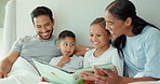 Family, reading and children with book in bed for story time, child development and learning. Education, relax and mother, father and kids laying with novel for fantasy, storytelling and bonding