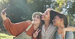 Friends, camping and selfie, women in nature for summer vacation together with smile and trees. Relax, happy woman and girls taking picture in forest on camp holiday, friendship and fun outdoor time.