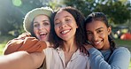 Selfie of group of women, camping and nature for summer vacation with smile, trees and sunshine. Relax, portrait of happy friends in forest on camp holiday with friendship, diversity and outdoor time