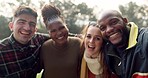 Friends, group selfie and camping outdoor for smile, hug and diversity in nature, woods and peace sign. Happy students, men and women in profile picture, photography or post with icon on social media