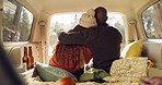 Road trip, nature and couple hug in car from back, relax on adventure together with love and freedom. Camping journey, black man and woman embrace in van, romantic travel holiday at lake in camper.