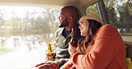 Road trip, beer and couple relax in car, nature and winter adventure together with love, freedom and smile. Camping journey, black man and happy woman drink alcohol in van, holiday at lake in camper.