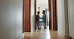 Measure, growth and dad writing on wall with child in family home, door frame and measuring height, measurement or progress results. Father, pride in son and check development together in a house