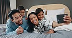 Happy family, selfie and bed with parents, kids and smile for post, blog or social media app with care in home. Mother, father and children with photography, profile picture and memory with bonding