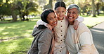 Park, happy or mother with girl and grandmother bonding and relax together as generations for support in nature. Portrait, love and mom hug child, kid and grandma for quality time for happiness