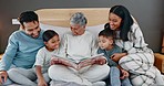 Grandma, children and book with reading in bedroom, smile and parents for learning, listening and language in house. Bed, senior woman and young kids for story time, love and bonding in family home