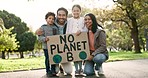 Happy family, cardboard poster and park for eco friendly environment in nature together outdoors. Portrait of father, mother and children with smile, sign or billboard to save plant, earth or economy