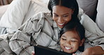 Mother, girl and child with tablet in bedroom for online games, reading ebook story and smile to relax with media. Woman, mom and happy kid streaming cartoon, movies and digital technology at home