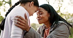 Mother, child and running for a hug at a park outdoor in nature for happiness, adventure or fun play. Woman and girl kid embrace in forest for family travel, wellness and trip with love and care