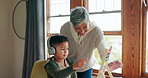 High five, happy grandparent or kid with homework for motivation support, success or child development. Abacus, headphones or smart kid counting numbers with a proud grandmother for goals or target