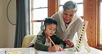 Kid, math homework or grandmother teaching or helping for knowledge, education or child development. Grandparent, headphones or smart boy writing or counting numbers to study for test on abacus 