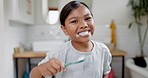 Happy little girl, brushing teeth and dental care in bathroom for healthy wellness and hygiene at home. Portrait of child or kid with smile and toothbrush for clean tooth whitening, oral and mouth