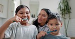 Face, mom and children brushing teeth in bathroom for dental wellness, morning routine or healthy habits. Portrait, kids and mother cleaning mouth with toothbrush, self care and fresh breath at home