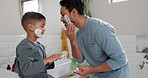 Learning about shaving cream, kid and dad teaching skincare in family bathroom with son in the morning. Boy, helping with grooming beard, beauty or shave with funny parent with happy child in home 
