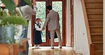 Kids, goodbye and parents with a girl leaving her home, back to school as a student in the morning. Children, wave or education and a young female child pupil and dad walking out the door of a house