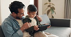 Father, kid or tablet on sofa in home for games, online learning and streaming multimedia. Happy dad tickle boy child with digital technology, watching cartoon and movies to relax together in lounge