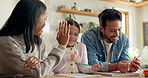 High five, girl with parents and support with learning in house with card, game or mom and dad helping with homework together in home. Child, family and development of education with math games