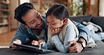 Father, tablet and happy kid in home living room, streaming movie or video of cartoon for bonding. Technology, smile and girl with dad on sofa to scroll social media, gaming app or browsing internet.