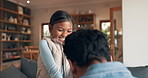 Happy, love and a girl with her father in the living room of their home together for bonding as a family. Funny, trust or support with a dad and happy daughter laughing at a joke in their house