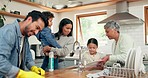 Cleaning, family and man in a kitchen with cloth for table, hygiene or clean living space after dinner. Washing, dishes and guy parent with household chore for safety from bacteria, dirt or germs