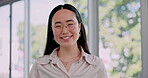 Smile, happy and business with asian woman in office for creative, face and startup. Designer, mindset and entrepreneur with portrait of employee in agency for expert, professional and manager