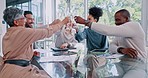 Champagne, toast and team in celebration in office boardroom for success or achievement. Goals, diversity and business people with wine to cheers to celebrate collaboration and teamwork in workplace.