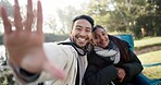 Selfie, camping and couple of friends with peace, hands and bonding in a forest with freedom and smile. Profile picture, happy and man with woman at campsite in nature, relax and having fun in woods