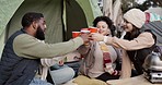 Friends, cheers and people camping outdoor in nature for fun, adventure and travel in woods. Diversity, men and women group share a toast with drinks at a tent camp site for holiday and freedom