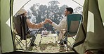 Couple, camping and tent with coffee, morning and view in nature, forest and relax in chair together. Man, woman and toast drink with back, chat or energy on holiday, romance or woods for celebration