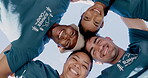 Teamwork, face or happy volunteers in huddle for solidarity, community or diversity in summer camp. Low angle, people or portrait of friends in circle together for charity, social project or bonding 