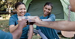 People, toast or celebrate together with drinking a beer, coffee or tea on camping trip, adventure or friends in the morning. Group, cheers and celebration or bonding with a drink and beverage