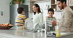 Teamwork, kids learning or parents washing dishes with support for housekeeping in kitchen in family home. Siblings,  or father teaching, cleaning or helping children for healthy hygiene together