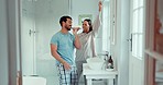 Dance, happy and a couple brushing teeth in a bathroom for healthcare, cleaning and grooming. Morning, excited and a playful man and woman doing dental hygiene together while dancing in a house