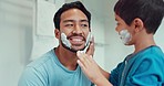 Shaving, bathroom and father teaching child about grooming, playing hygiene and facial routine. Playful, help and dad showing boy kid cream or soap for hair removal together in a house in the morning