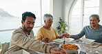 Family, praying and eating food with gratitude, faith and respect, bonding over lunch with grandparents, parents and kids. Happiness, nutrition and worship, religion and God, love and people at home
