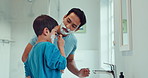 Shaving cream, child and father teaching in bathroom, family home or boy learning morning skincare, beauty and grooming routine. Shave together, son and dad helping with foam, razor and skin care