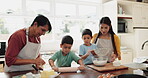 Grandma, mother or children baking in kitchen as a happy family with siblings learning cooking recipe. Cake, child development or granny helping or teaching kids siblings with roll pin or parent 