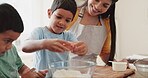 Eggs, mom or excited children baking in kitchen as a happy family with siblings learning cooking recipe. Cake, crack or happy mother smiling, helping or teaching young kids child development skills