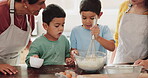 Happy grandmother, mom or children baking in kitchen as a happy family with siblings learning cooking recipe. Cake, child development or proud grandma smiling or teaching kids mixing with parents 